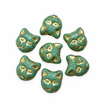 Load image into Gallery viewer, Czech glass cat face beads charms 10pc blue green turquoise gold inlay13x11mm-Orange Grove Beads

