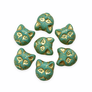Czech glass cat face beads charms 10pc blue green turquoise gold inlay13x11mm-Orange Grove Beads