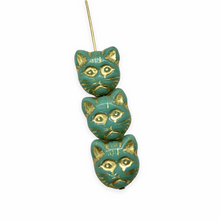 Load image into Gallery viewer, Czech glass cat face beads 10pc blue green turquoise gold inlay13x11mm
