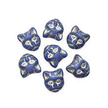 Load image into Gallery viewer, Czech glass cat head face beads 10pc opaque blue silver 13x11mm #3-Orange Grove Beads
