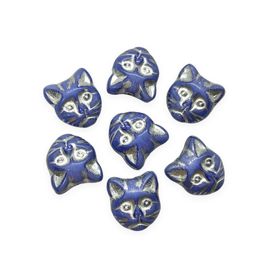 Czech glass cat head face beads 10pc opaque blue silver 13x11mm #3-Orange Grove Beads