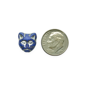 Czech glass cat head face beads 10pc opaque blue silver 13x11mm #3