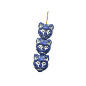 Czech glass cat head face beads 10pc opaque blue silver 13x11mm #3