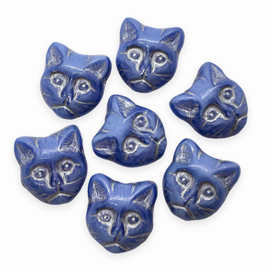 Czech glass cat head face beads 10pc opaque blue silver 13x11mm-Orange Grove Beads