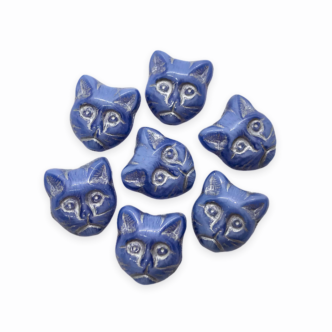 Czech glass cat head face beads 10pc opaque blue silver 13x11mm-Orange Grove Beads