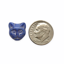 Load image into Gallery viewer, Czech glass cat head face beads 10pc opaque blue silver 13x11mm #2
