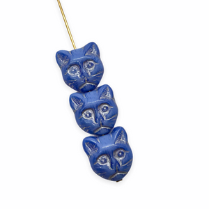 Czech glass cat head face beads 10pc opaque blue silver 13x11mm #2