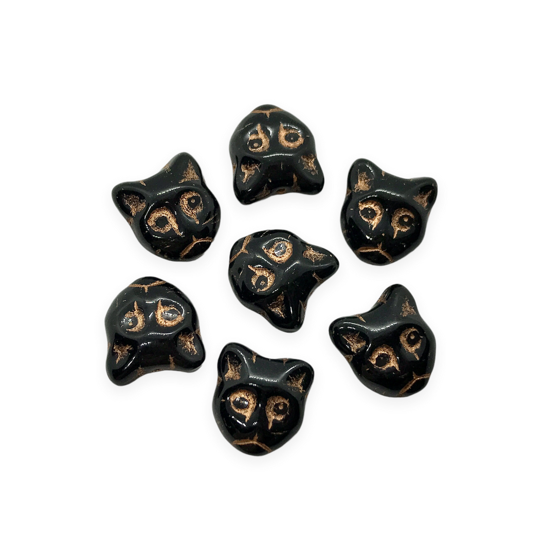 Czech glass Halloween black cat face beads 10pc opaque jet copper decor 13x11mm-Orange Grove Beads