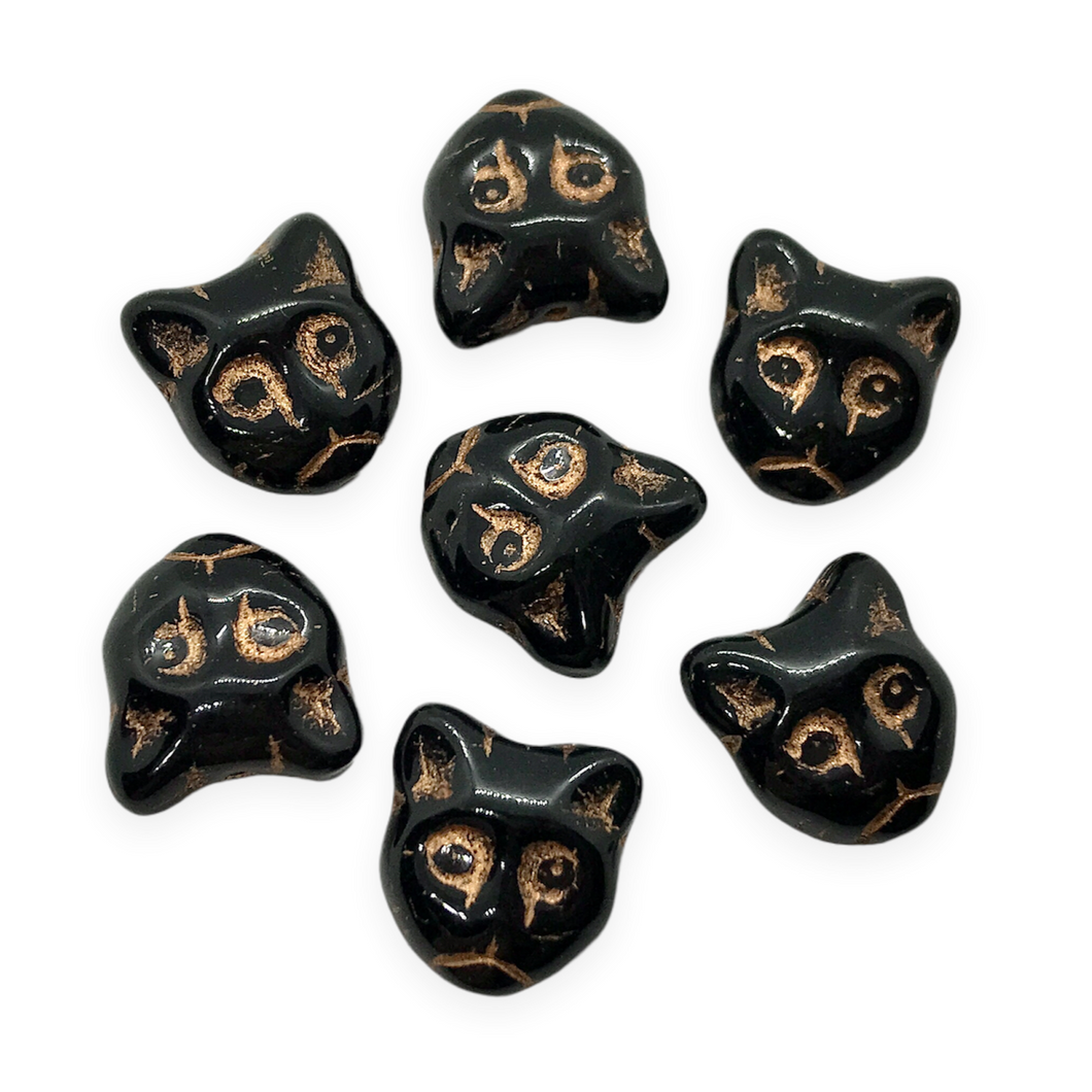 Czech glass Halloween black cat head face beads 10pc black copper
