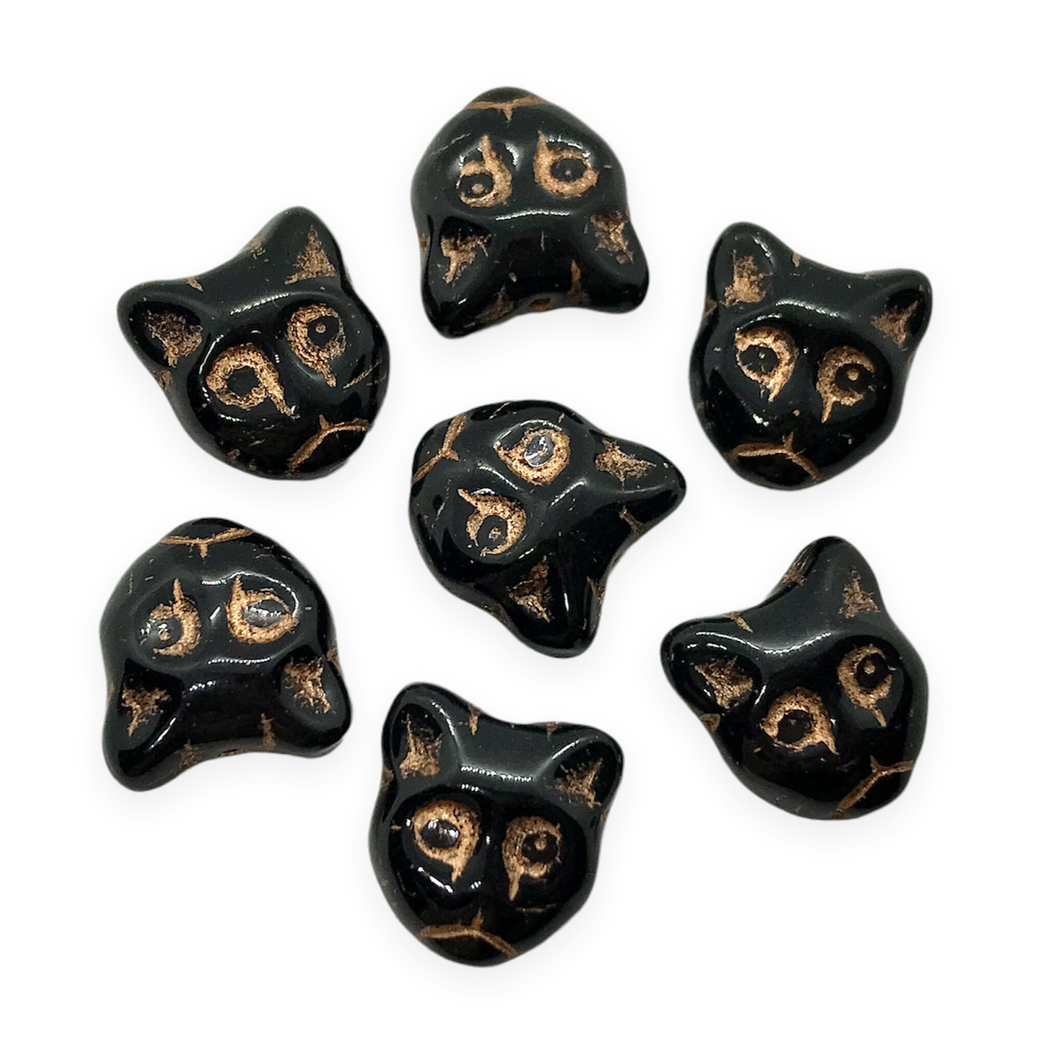 Czech glass Halloween black cat face beads 10pc opaque jet copper decor 13x11mm-Orange Grove Beads