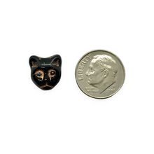 Load image into Gallery viewer, Czech glass Halloween black cat head face beads 10pc black copper 13x11mm
