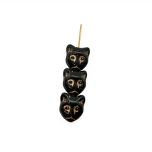 Load image into Gallery viewer, Czech glass Halloween black cat head face beads 10pc black copper 13x11mm
