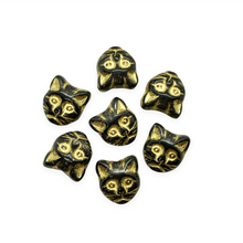 Load image into Gallery viewer, Czech glass Halloween black cat face beads 10pc black gold 13x11mm
