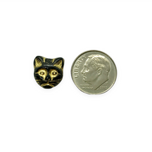 Load image into Gallery viewer, Czech glass Halloween black cat face beads 10pc black gold 13x11mm
