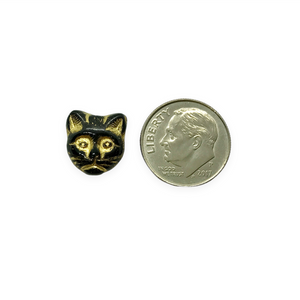 Czech glass Halloween black cat face beads 10pc black gold 13x11mm