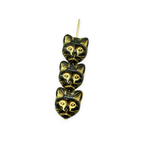 Czech glass Halloween black cat face beads 10pc black gold 13x11mm