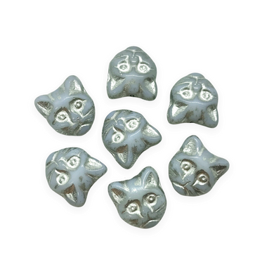 Czech glass cat head face beads 10pc light blue gray silver 13x11mm-Orange grove Beads