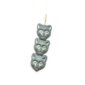 Czech glass cat head face beads 10pc light blue gray silver 13x11mm