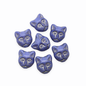Czech glass cat head face beads 10pc opaque periwinkle blue silver 13x11mm-Orange Grove Beads