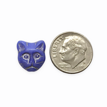 Load image into Gallery viewer, Czech glass cat head face beads 10pc periwinkle blue silver 13x11mm
