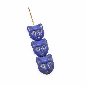 Czech glass cat head face beads 10pc periwinkle blue silver 13x11mm