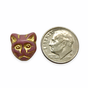 Czech glass cat head face beads 10pc opaque pink gold 13x11mm