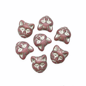 Czech glass cat head face beads 10pc opaque pink silver 13x11mm #2