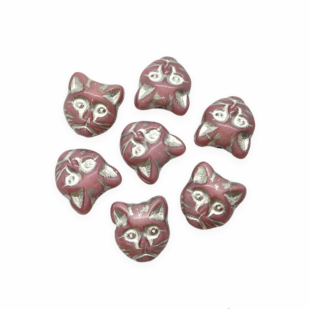 Czech glass cat head face beads 10pc opaque pink silver 13x11mm #2-Orange Grove Beads
