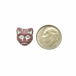 Czech glass cat head face beads 10pc opaque pink silver 13x11mm #2