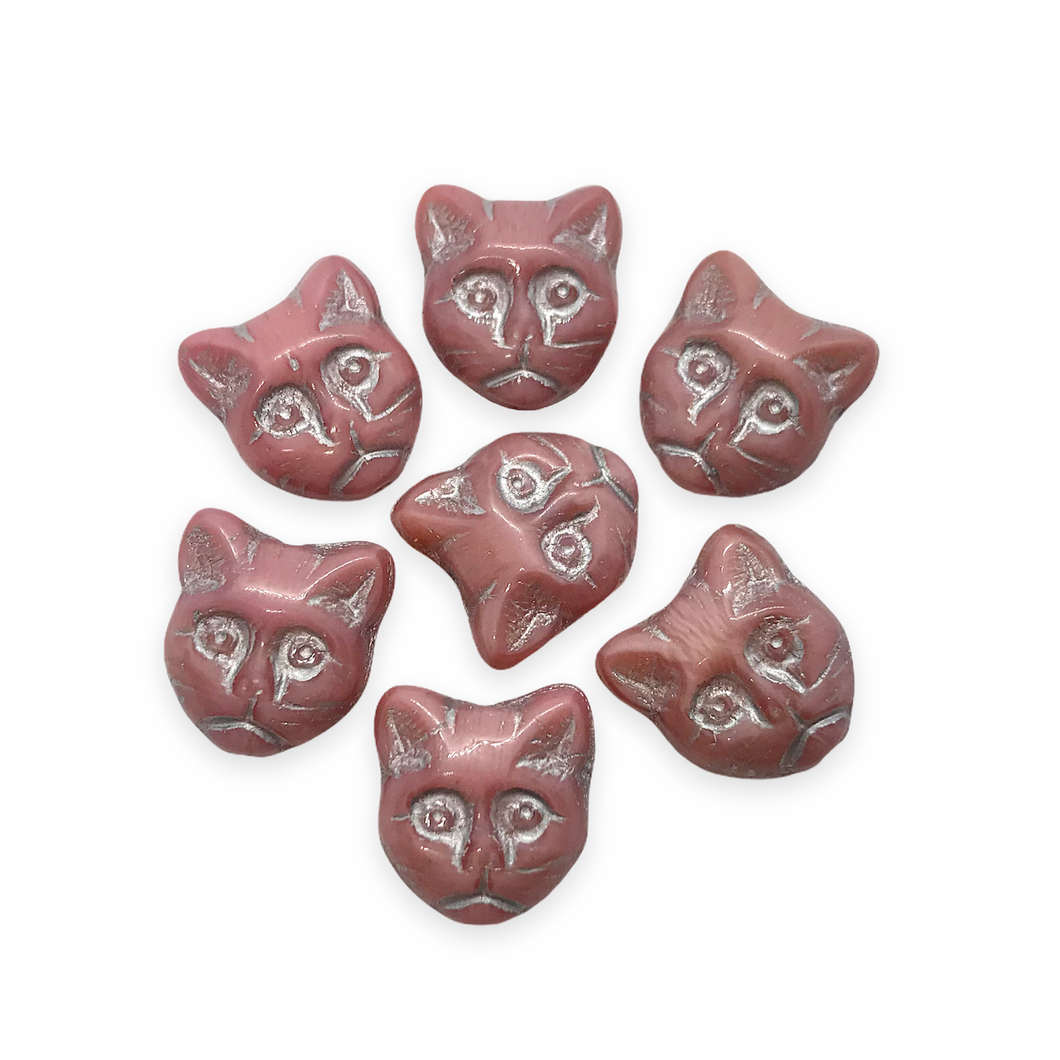Czech glass cat head face beads 10pc opaque pink silver 13x11mm-Orange Grove Beads