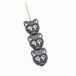 Czech glass cat head face beads 10pc opaque purple silver 13x11mm