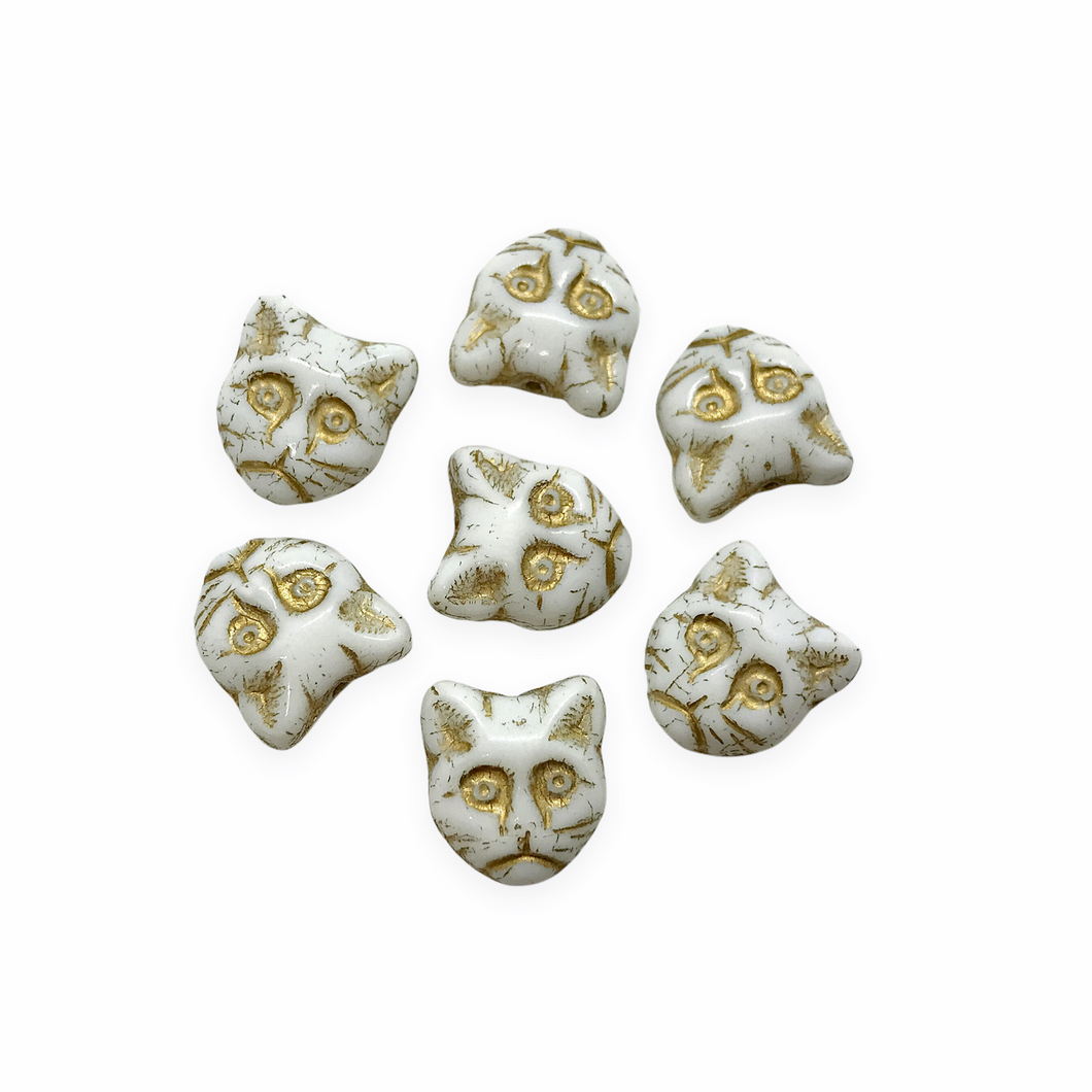 Czech glass cat face beads charms 10pc opaque white gold 13x11mm vertical drill-Orange Grove Beads