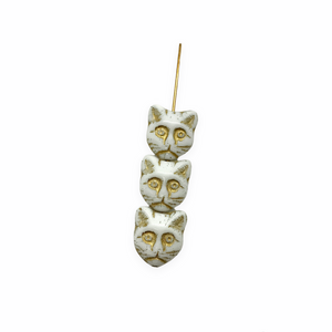 Czech glass cat face beads 10pc opaque white gold 13x11mm