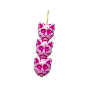 Czech glass cat face beads 10pc white pink 13x11mm