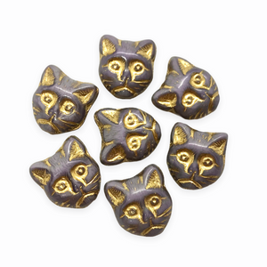 Czech glass cat head face beads 10pc opaque purple gold #2 13x11mm-Orange Grove Beads