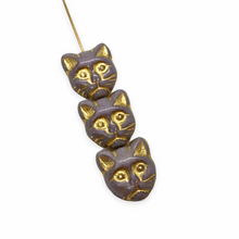 Load image into Gallery viewer, Czech glass cat head face beads 10pc purple gold #2 13x11mm
