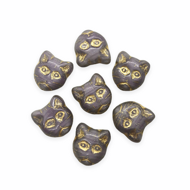 Czech glass cat face beads 10pc opaque purple with gold 13x11mm-Orange Grove Beads