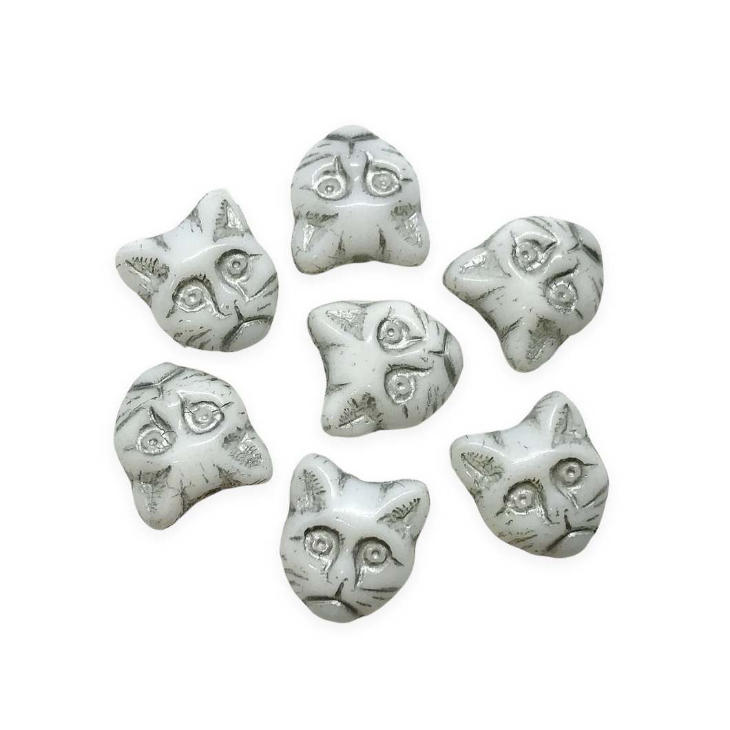 Czech glass cat face beads charms 10pc opaque white silver 13x11mm vertical drill-Orange Grove Beads