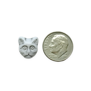 Czech glass cat face beads 10pc opaque white silver 13x11mm