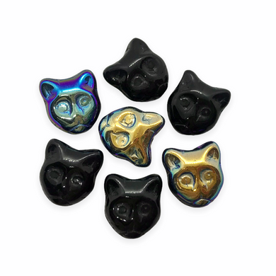 Czech glass cat head face beads 10pc opaque black AB 13x11mm-Orange Grove Beads