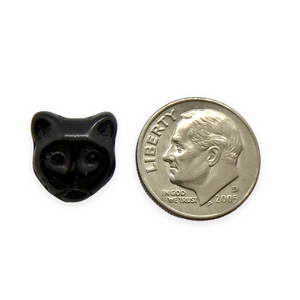 Czech glass cat head face beads 10pc opaque black AB 13x11mm
