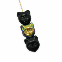 Load image into Gallery viewer, Czech glass cat head face beads 10pc opaque black AB 13x11mm

