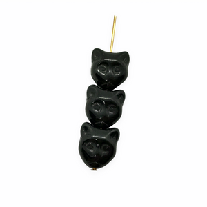 Czech glass Halloween black cat face beads 10pc opaque jet black 13x11mm