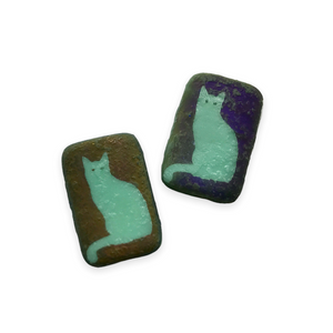 Czech glass rectangle laser tattoo cat beads 6pc etched turquoise sliperit 18x12mm-Orange Grove Beads