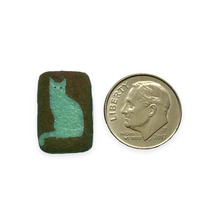 Load image into Gallery viewer, Czech glass rectangle laser tattoo cat beads 6pc etched turquoise sliperit 18x12mm
