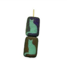 Load image into Gallery viewer, Czech glass rectangle laser tattoo cat beads 6pc etched turquoise sliperit 18x12mm
