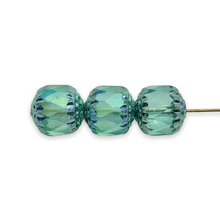 Load image into Gallery viewer, Czech glass cathedral beads 6pc translucent green metallic ends 10mm-Orange Grove Beads
