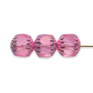 Czech glass cathedral beads 6pc translucent pink metallic ends 10mm-Orange Grove Beads