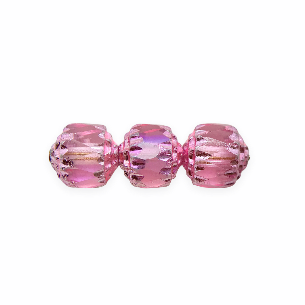 Czech glass cathedral beads 10pc translucent pink AB metallic ends 8mm-Orange Grove Beads