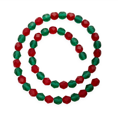 Czech glass Christmas mix faceted round beads 50pc matte red green 6mm-Orange Grove Beads